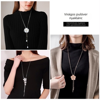 Vintage pulóverlánc virágmedállal, ötvözet, doboz lánc