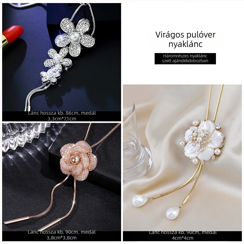 Vintage pulóverlánc virágmedállal, ötvözet, doboz lánc