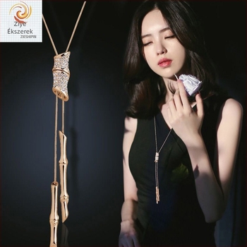 Női pulóverlánc bambusz bojtokkal, nyaklánc, kígyócsont lánc, medál: ötvözet, mozaika mesterséges kövekkel