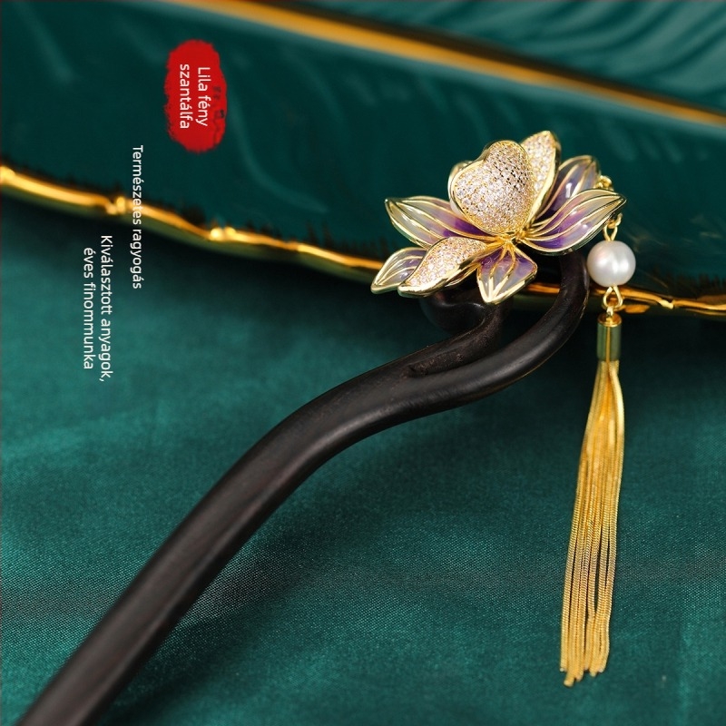 Ébenfa hajcsat peónia bojtos díszítéssel – antik stílusú fejfedő Hanfu és Cheongsam számára