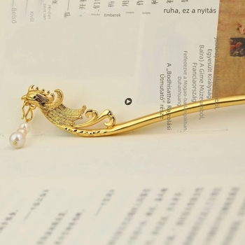 Hajtű a hajba Főnix fejével és gravírozott felhőmintákkal — réz, kínai stílus, elektroplatinálás, esküvői hajdísz