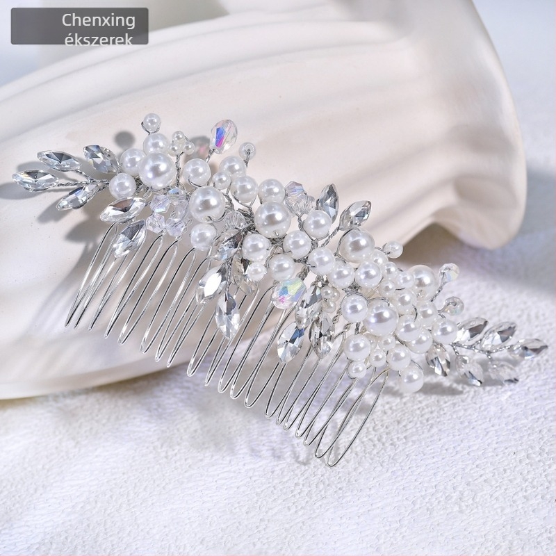 Chenxing Gyöngyös hajcsat fehér kristályokkal, hullámos design, kézzel készített, esküvői hajdísz CX13