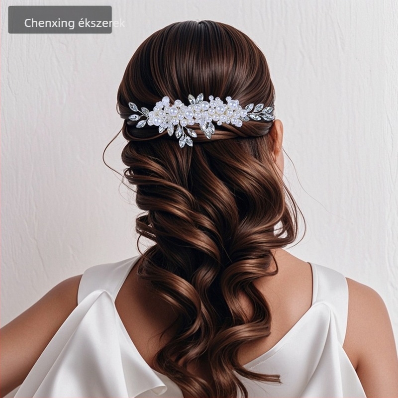 Chenxing Gyöngyös hajcsat fehér kristályokkal, hullámos design, kézzel készített, esküvői hajdísz CX13