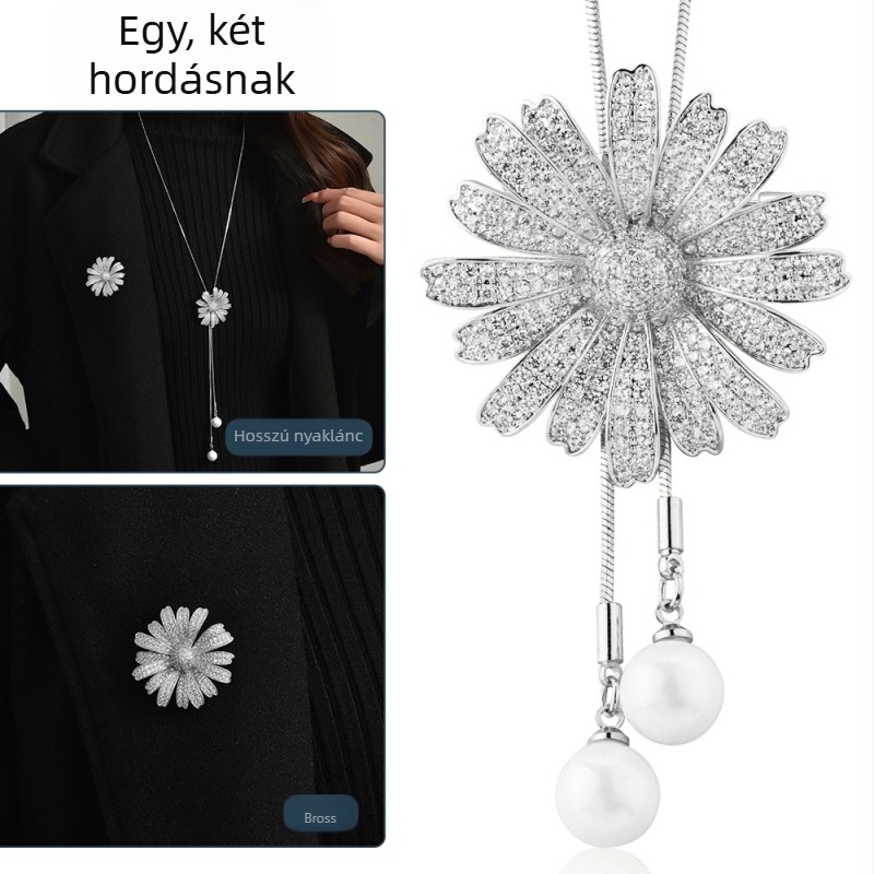 Hosszú pulóverlánc virág medállal, fém lánc, palládium medál, ötvözetbe ágyazott mesterséges drágakövek