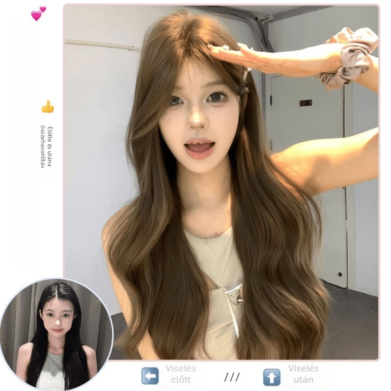 Női koreai stílusú hosszú göndör paróka egyenes frufruval, gépi készítésű, hőálló selyem anyag, nem festhető