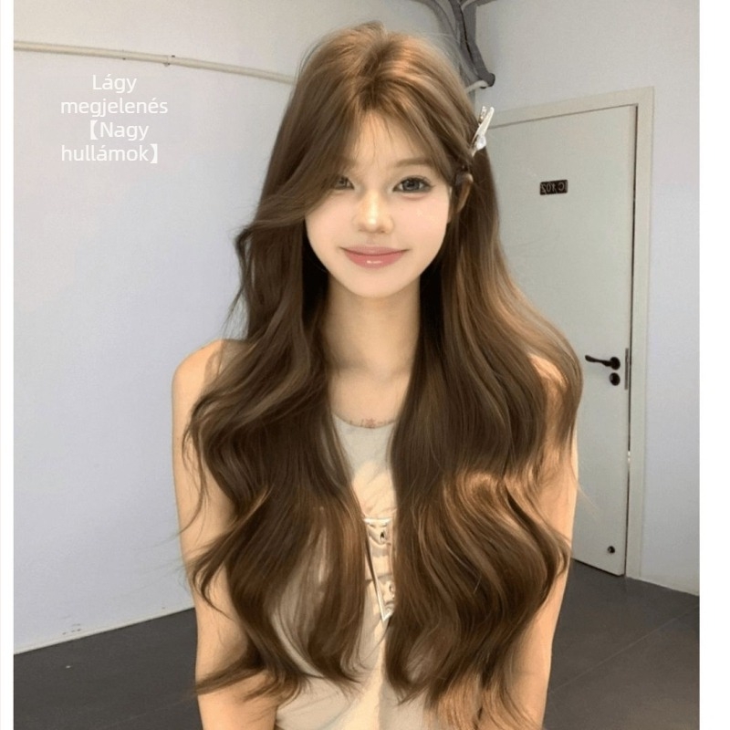 Női koreai stílusú hosszú göndör paróka egyenes frufruval, gépi készítésű, hőálló selyem anyag, nem festhető