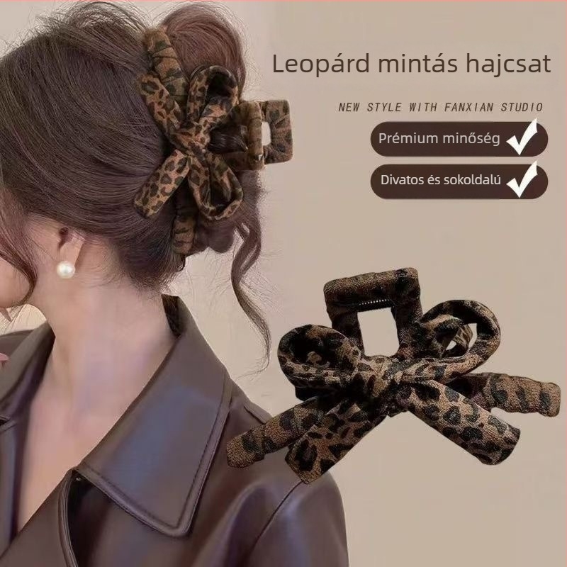 Leopárd mintás hajclip (gripper shark clip) nőknek — kézzel készített, kevert anyagú, updo kiegészítő, őszi 2025