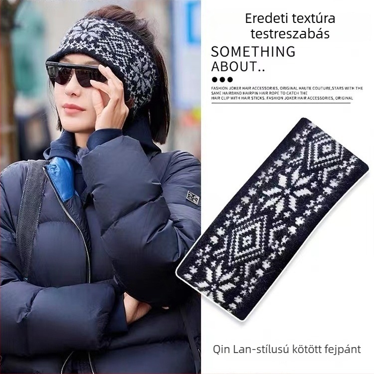 Kötött fejpánt kockás mintával, hullámos alakú, széles perem, meleg fejfedő
