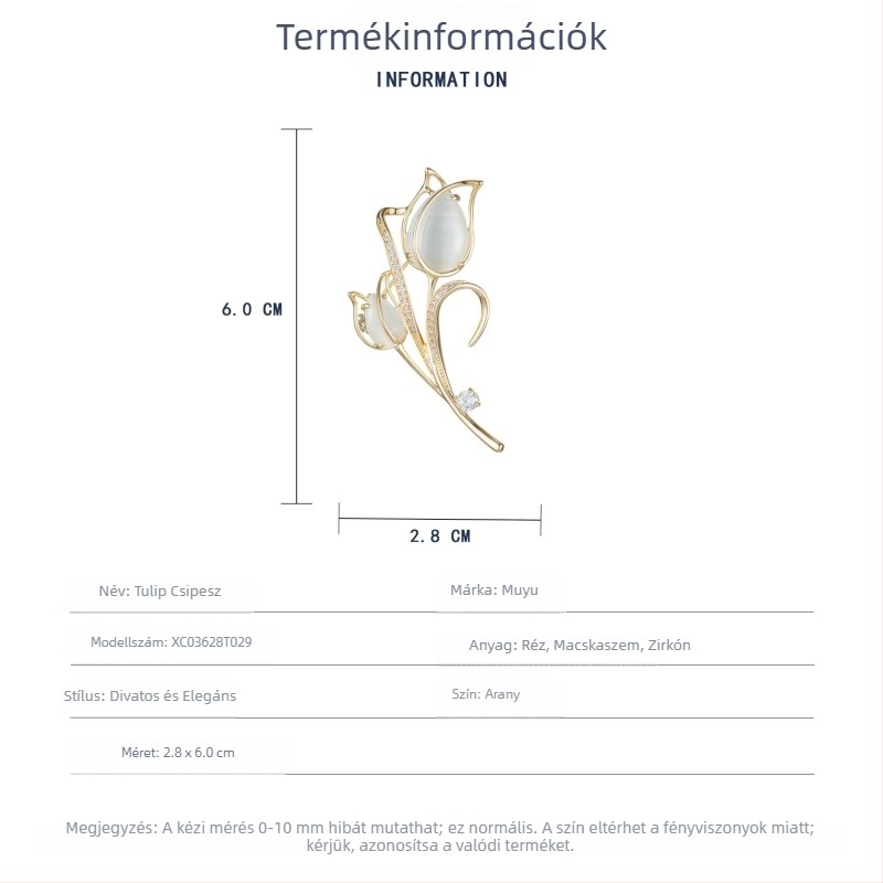 Rézből készült tulipán brooch nőknek – virágos kitűző mikroinlay dekoratív ékszer