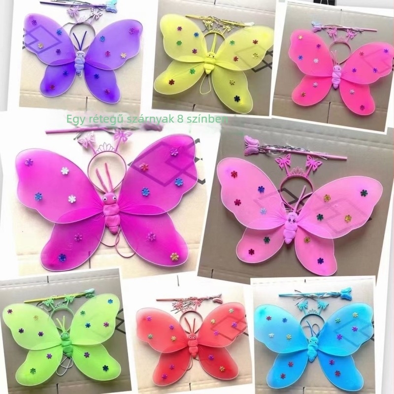 Fénylő pillangó szárnyak – háromrészes készlet, angyal alakú gyerekeknek (LED világítás; textil szárnyak; dinamikus fényhatás; 0–3 éveseknek)