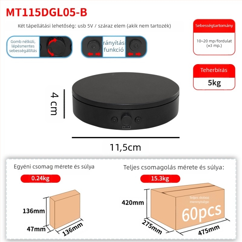 Fotózáshoz és élő közvetítéshez készült elektromos forgó kijelzőasztal, ABS kivitel, modell MTxDGL-DGEL, teherbírás 5 kg