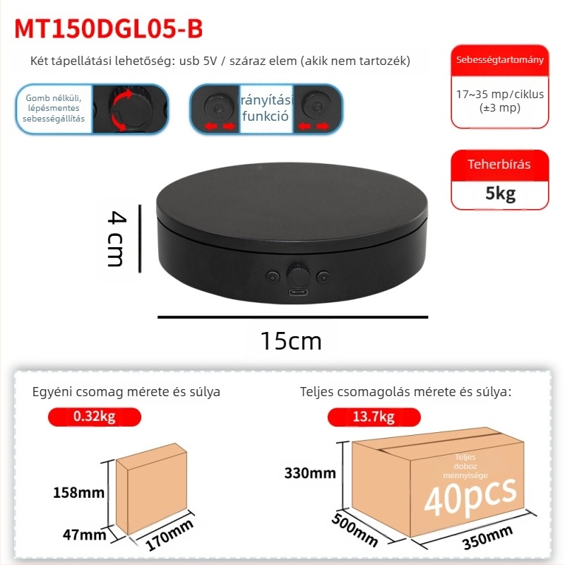Fotózáshoz és élő közvetítéshez készült elektromos forgó kijelzőasztal, ABS kivitel, modell MTxDGL-DGEL, teherbírás 5 kg