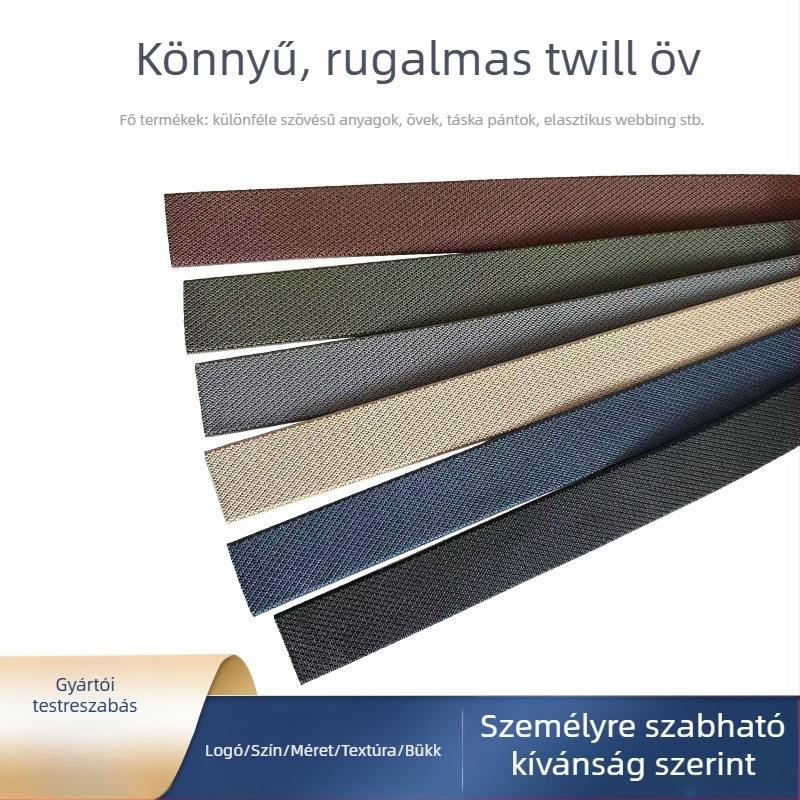 Rugalmas twill öv, szövött pánttal, ötvözet csat, 2–4 cm széles, poliészter rost