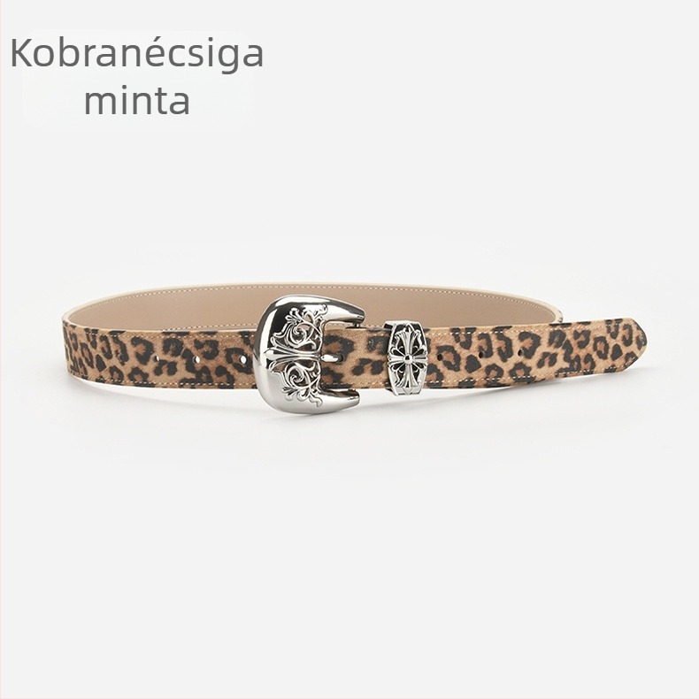 Valódi bőrből készült derékszíj leopard mintával, dupla rétegű tehénbőrből, ötvözet csat, tűcsat, elektroplatinált felület