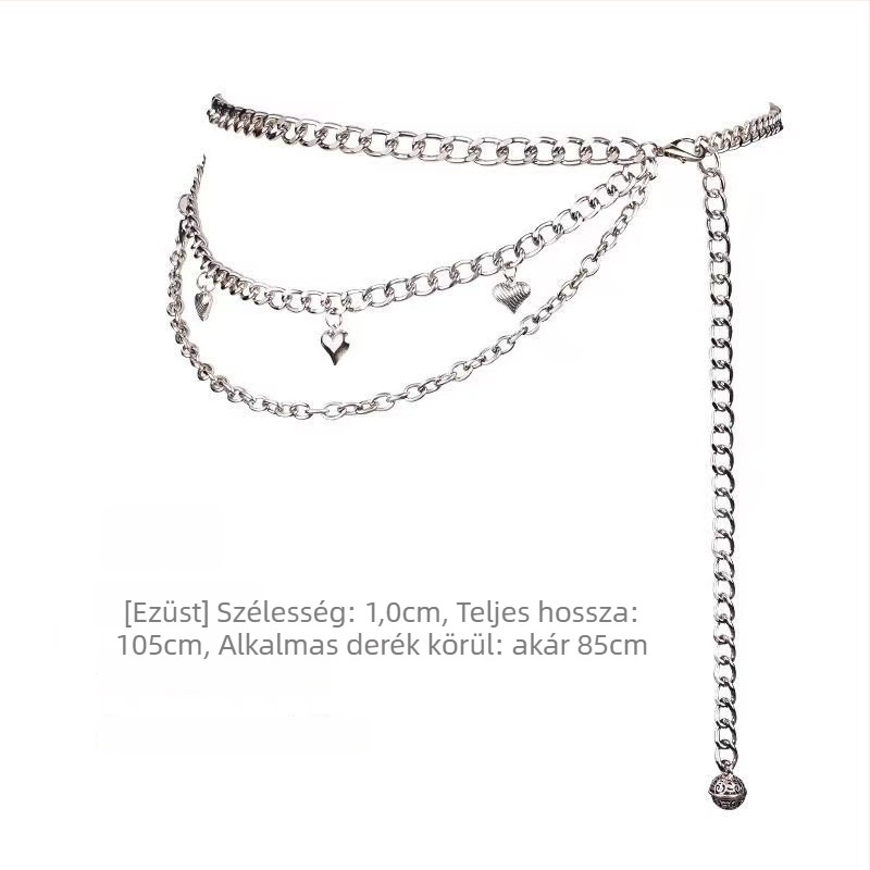 Fém derékszíj lánc, hossz 100–105 cm, szélesség 0.8–1 cm, több körös övgyűrűk, márka Youni