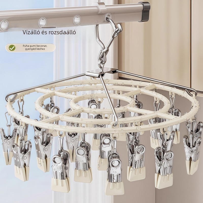 Rozsdamentes acélból készült ruhaszárító, 23 klipekkel, kör alakú, modern kialakítás, ruhákhoz, nadrágokhoz és nyakkendőkhöz