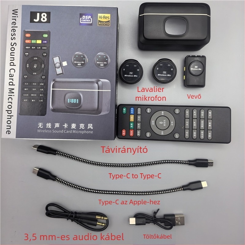 J8 Kamera verzió — Vezetékes lavalier mikrofon élő adásokhoz, audio interfész (valós idejű megfigyelés, kétirányú hang, 20 Hz–20 kHz, SNR ≥70 dB, Beépített 800–1000 mAh)