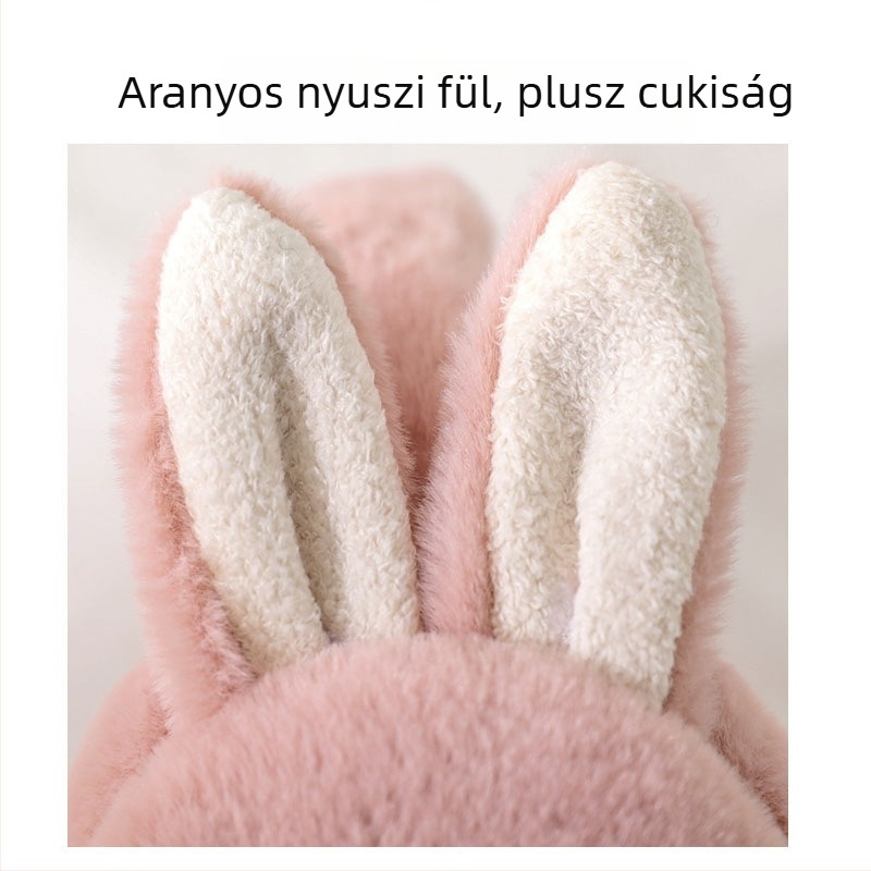 Gyerekeknek szóló fülvédő, nyuszis mintával, összecsukható, akril/műszőrme anyagból, meleg és szélálló, téli–őszi szezonra