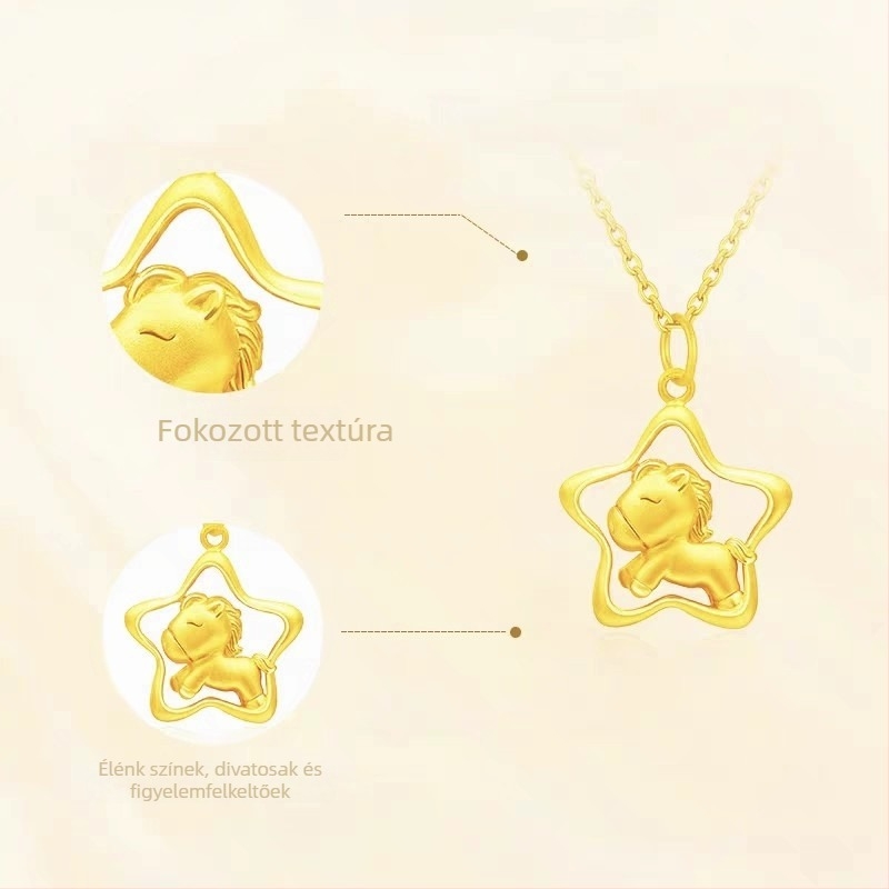 Zodiákus ló medálos nyaklánc, aranyozott ezüst, precíz kidolgozás, O-gyűrűs lánc