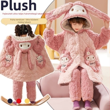 Lányok téli pizsama, háromrétegű tömött quiltelt coral velúr anyagból, hosszú ujjú, kerek nyakú, mesefigurás mintázattal