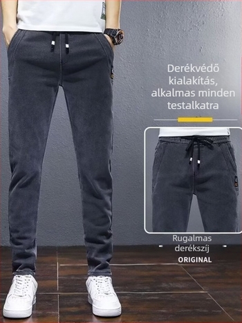 Férfi koreai stílusú denim farmernadrág, magas derék, zipzár, egyenes szár, 60-70% pamut