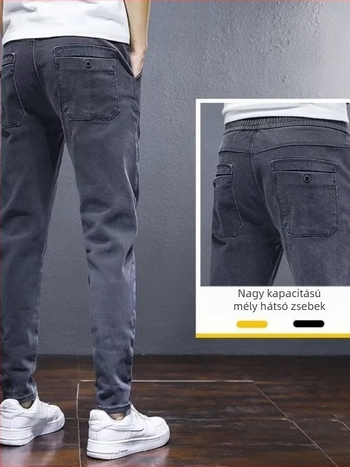 Férfi koreai stílusú denim farmernadrág, magas derék, zipzár, egyenes szár, 60-70% pamut