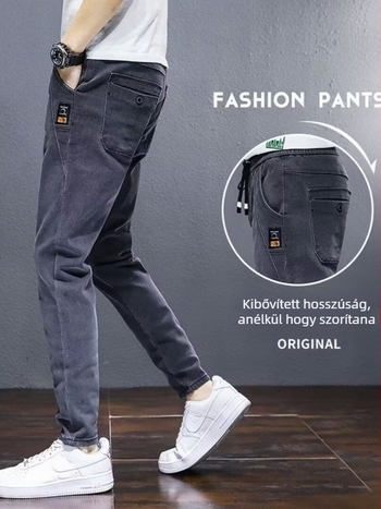 Férfi koreai stílusú denim farmernadrág, magas derék, zipzár, egyenes szár, 60-70% pamut