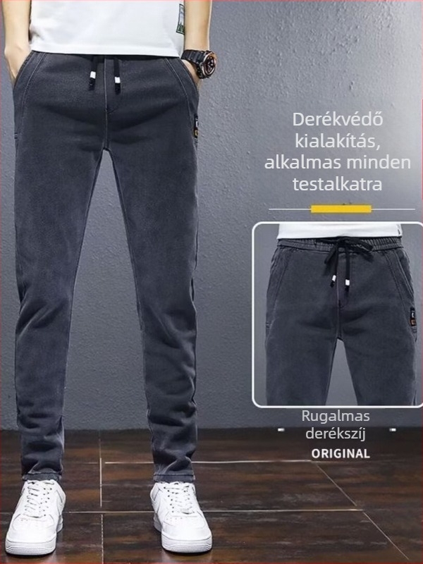 Férfi koreai stílusú denim farmernadrág, magas derék, zipzár, egyenes szár, 60-70% pamut