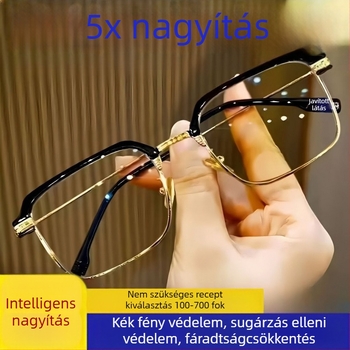 Intelligens olvasó szemüveg automatikus zoom beállítással közeli és távoli látáshoz, HD kékfény védelem, több lencsés készlet