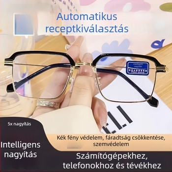 Intelligens olvasó szemüveg automatikus zoom beállítással közeli és távoli látáshoz, HD kékfény védelem, több lencsés készlet