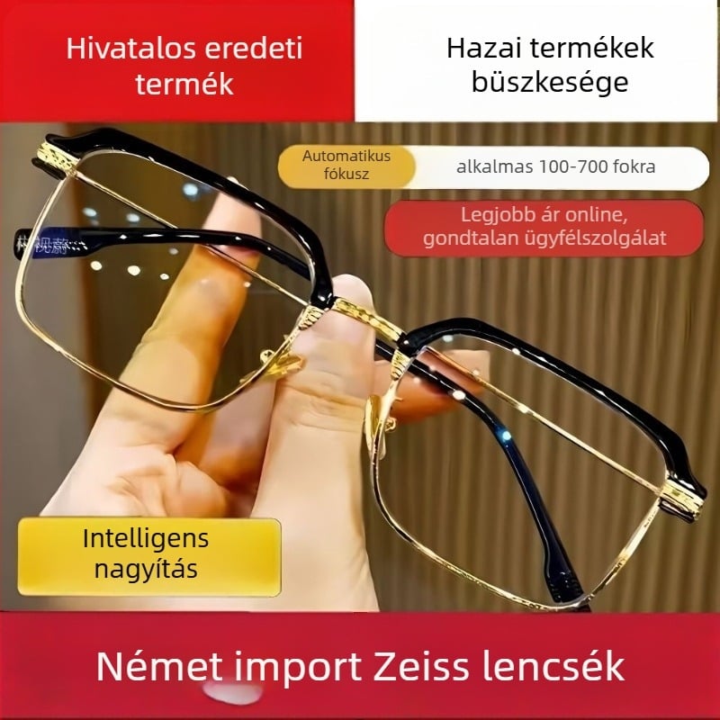 Intelligens olvasó szemüveg automatikus zoom beállítással közeli és távoli látáshoz, HD kékfény védelem, több lencsés készlet