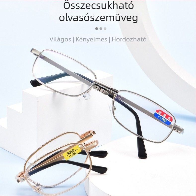 Összecsukható olvasó szemüveg anti-fáradtság lenc gékkel, távoli és közeli látáshoz, fém/TR keret