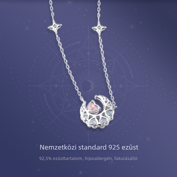 Női nyaklánc: szív- és holdmedál 925-ös ezüstből, rózsaszín gyémánttal, csillag- és holdmotívum, kulcscsont körüli lánc, könnyed luxus mindennapi ékszer, ajándék barátnőnek