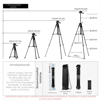 Háromdimenziós gimballal rendelkező fényképezőgép- és videótrippod – 3 részes, fém konstrukció, teherbírás legfeljebb 2 kg