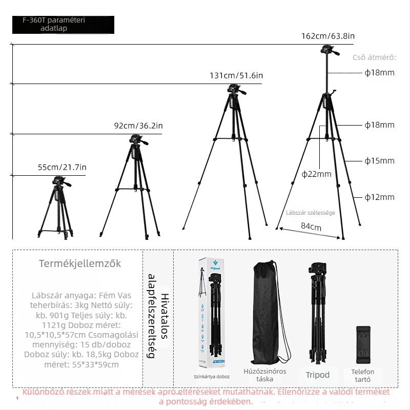 Háromdimenziós gimballal rendelkező fényképezőgép- és videótrippod – 3 részes, fém konstrukció, teherbírás legfeljebb 2 kg