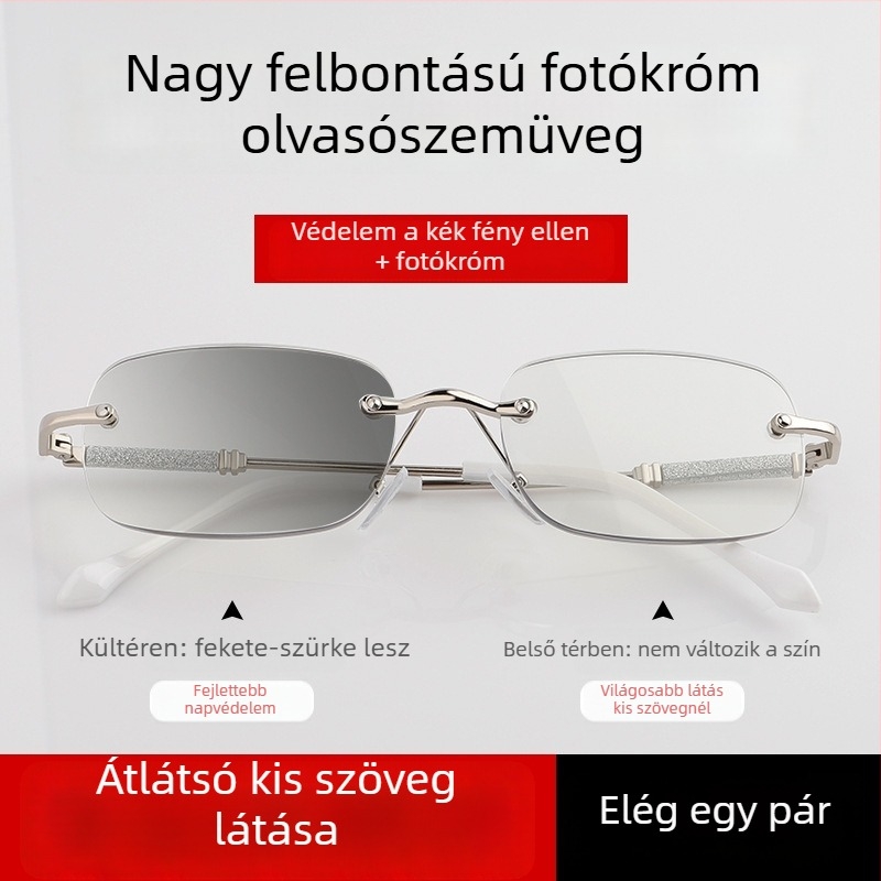 Keret nélküli olvasószemüveg fotokromos lencsékkel, UV védelem és kékfény elleni védelem
