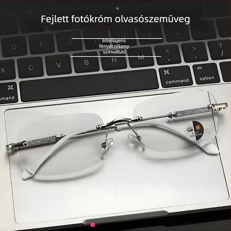Keret nélküli olvasószemüveg fotokromos lencsékkel, UV védelem és kékfény elleni védelem