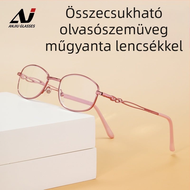 Presbióp olvasó szemüveg, uniszex, lencsék gyantából, anti-kék fény, teljes keretes fém keret, összecsukható és hordozható