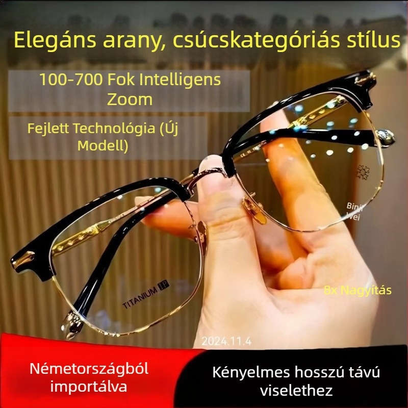 Magas felbontású kékfény elleni szemüveg távolság- és közeli fókusz beállítással, kettős használatú okos olvasószemüveg automatikus szabályozással idős korban