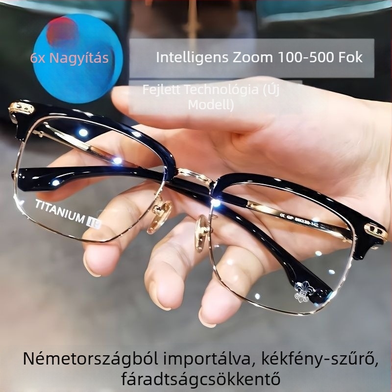 Magas felbontású kékfény elleni szemüveg távolság- és közeli fókusz beállítással, kettős használatú okos olvasószemüveg automatikus szabályozással idős korban