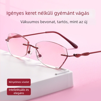 Női olvasószemüveg anti-kékfény, keret nélküli, koreai stílusú, gyémántdíszítésű, presbiopiára alkalmas