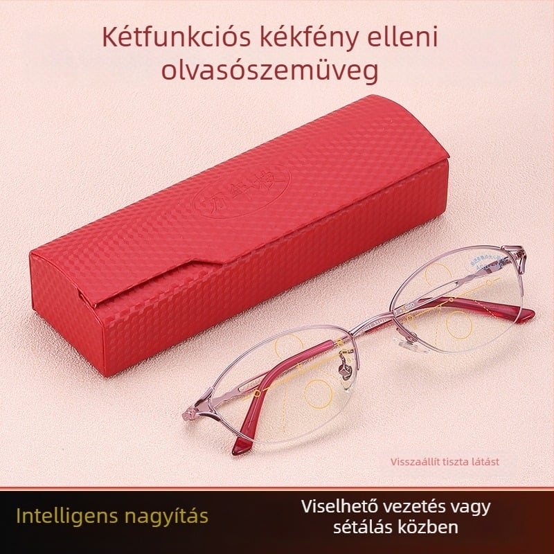 Női progresszív olvasó szemüveg – többfókuszú lencsék, anti-kék fény, akril lencsék, fém félkeret, kerek formájú keret