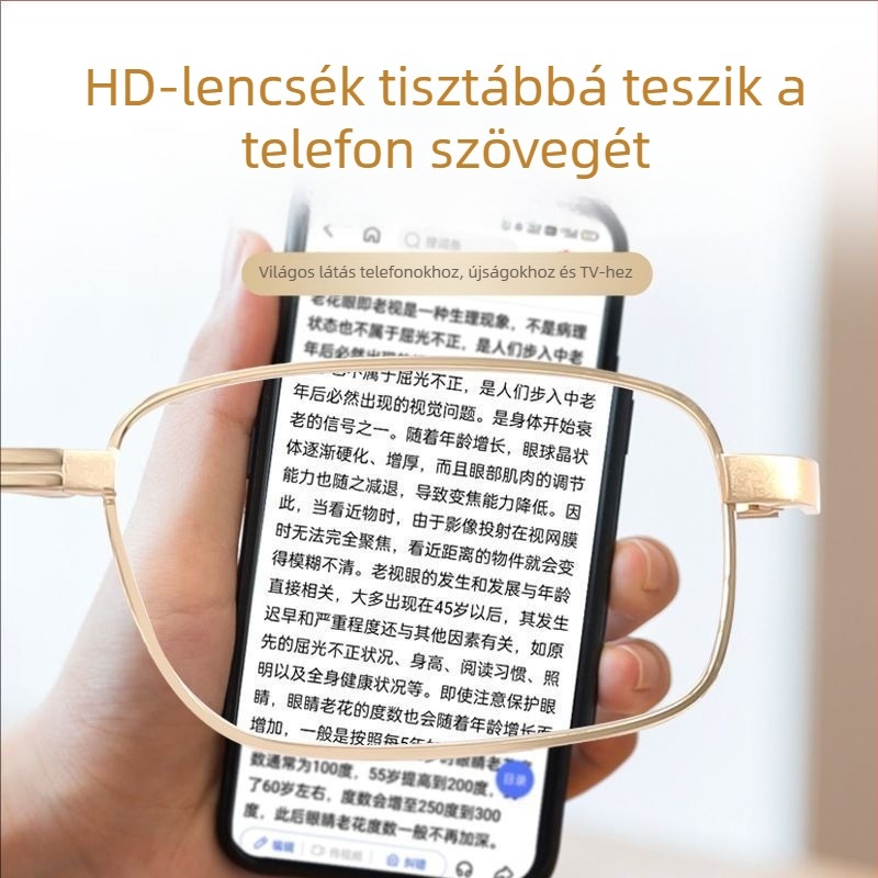 Összecsukható optikai olvasószemüveg, teljes keret, ovális forma, keret alumínium-magnézium ötvözet, idős embereknek