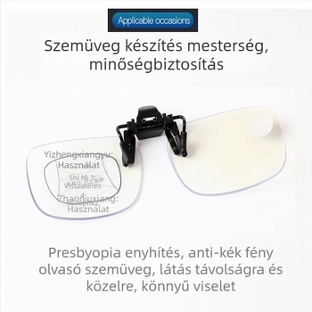 Progresszív többfókuszú szemüveg klipszes kialakítással, anti-kék fény, intelligens automatikus zoom, PC lencsék, négyszögletes keret