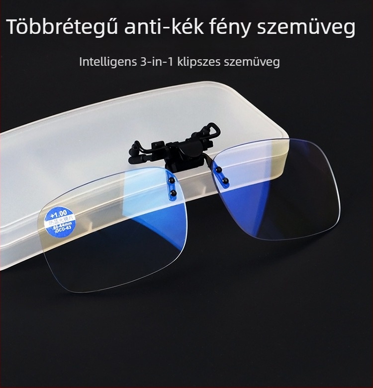 Progresszív többfókuszú szemüveg klipszes kialakítással, anti-kék fény, intelligens automatikus zoom, PC lencsék, négyszögletes keret