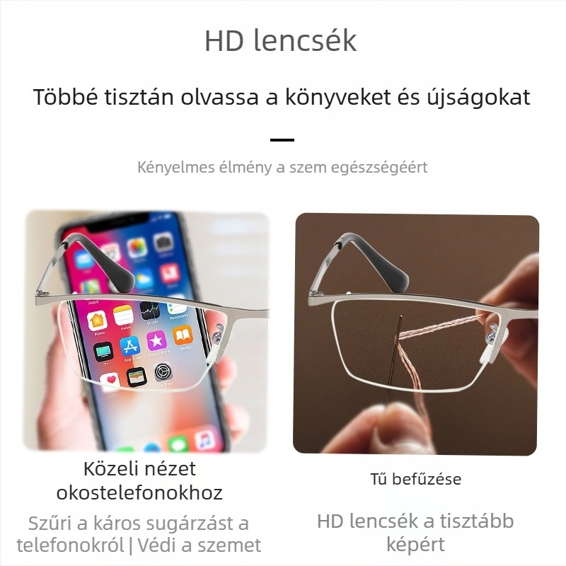 Félkeretes olvasó szemüveg, fém keret, akril lencsék, kékfény elleni védelem, uniszex időseknek