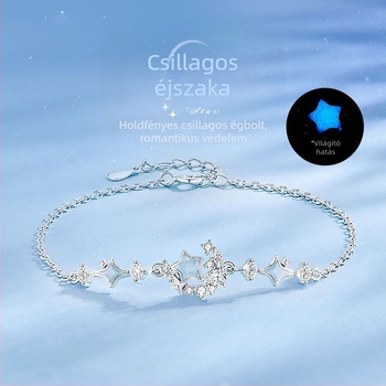 S925 Sterling ezüst karkötő csillag-hold motívummal, világító zománccal, minimalista és elegáns nőknek