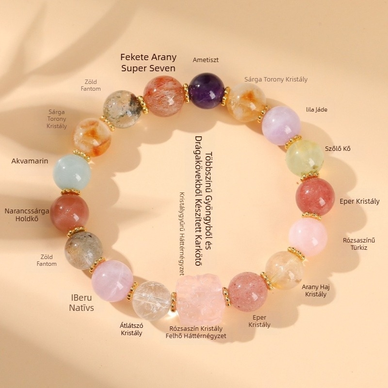 Kristály gyöngyökkel készült karkötő - Kézzel készített - Női divat - Kristálytípusok: Amethyst, Rose Quartz, White Crystal, Strawberry Quartz, Super Seven