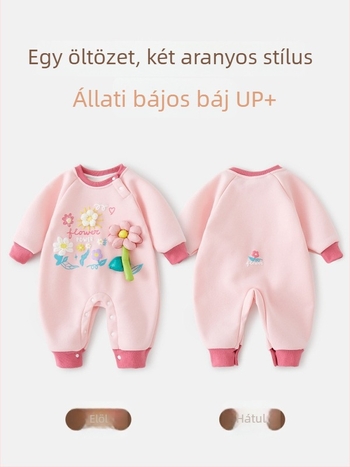 Uniszex bébi overál fleece-béléssel, őszi–téli időszakokra, pulóver-stílusú záródás, vastag pamutkeverék (52% pamut), újszülötteknek