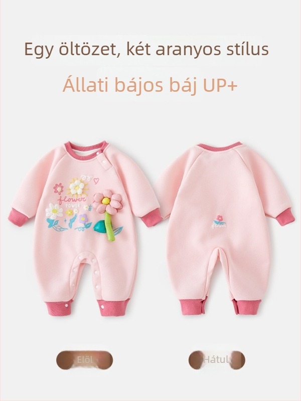 Uniszex bébi overál fleece-béléssel, őszi–téli időszakokra, pulóver-stílusú záródás, vastag pamutkeverék (52% pamut), újszülötteknek